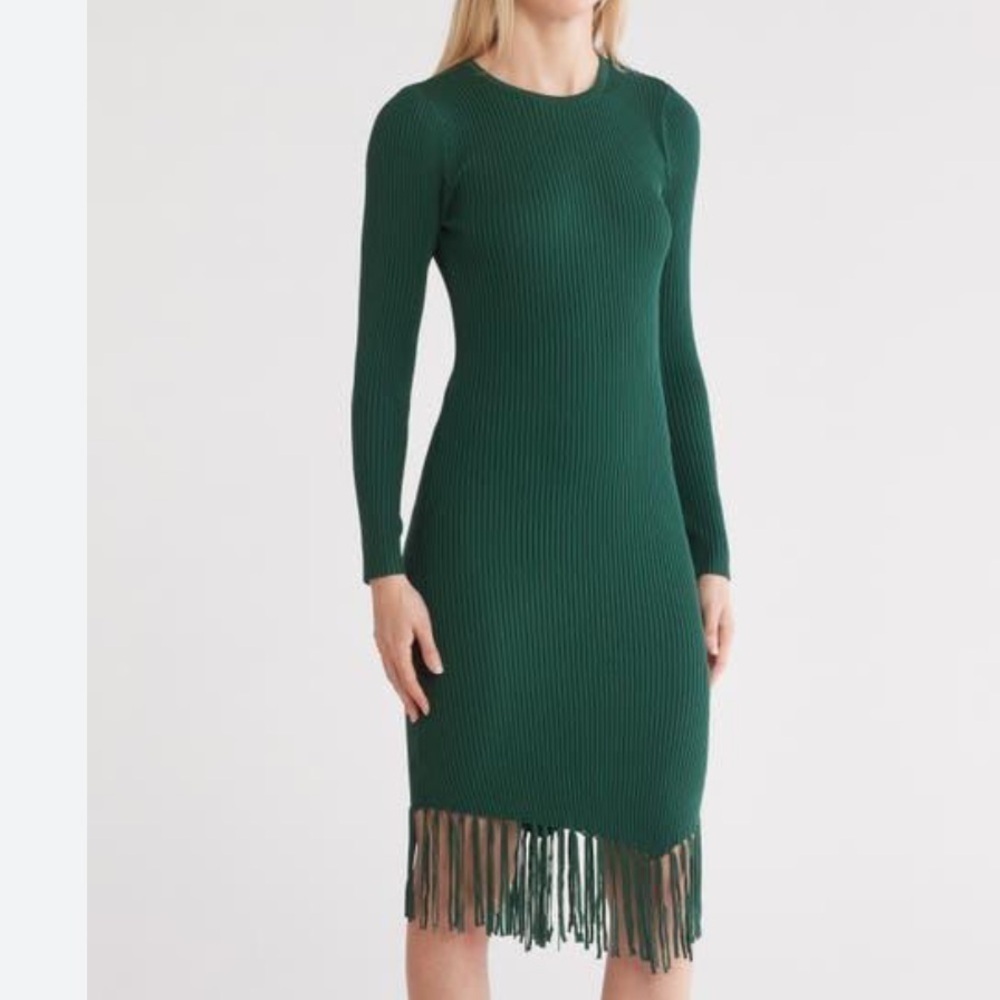 Nanette lepore emerald green fringe sweater dress